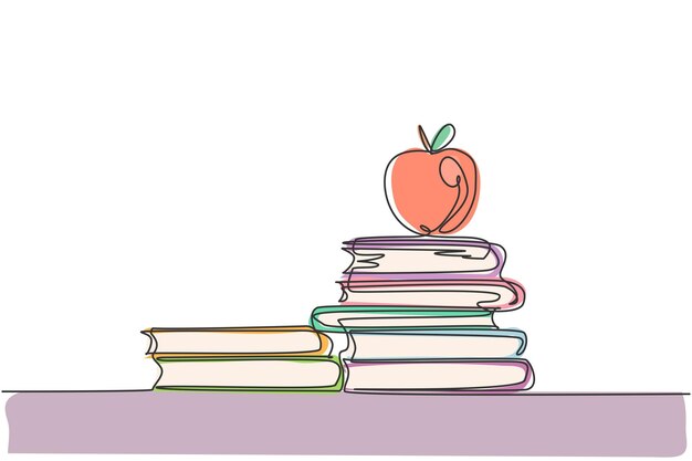continuous one line drawing of apple above books stack minimalist vector design on white background