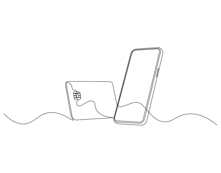 Continuous one line drawing of smartphone and credit card One line drawing illustration of phone and bank card Electronic money Ecommerce concept continuous line art Editable outline