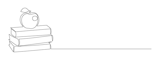 continuous one line drawing of stack of books with apple education and knowledge