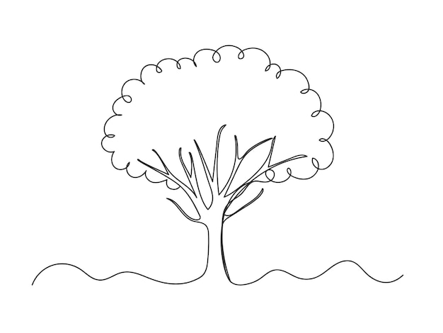 Continuous one line drawing of tree on white background