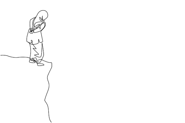 continuous one line drawing of young female arabic worker looking down from top of the mountain