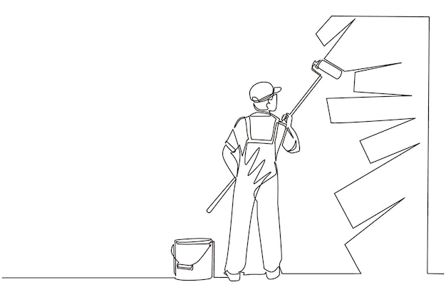 Continuous one line drawing painter decorator repairman people at work Man repair worker holding
