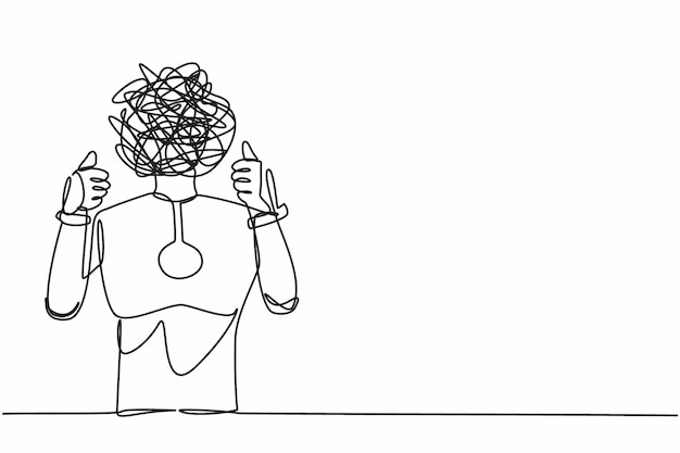 continuous one line drawing robot with round scribbles instead of a head confused showing thumb up
