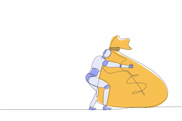 continuous one line drawing robots hugging huge bags full cash of money humanoid robot cybernetic