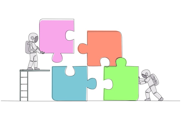 Continuous one line drawing two astronauts work to put together a square puzzle illustration