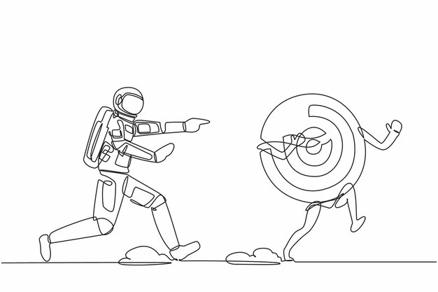 Continuous one line drawing young astronaut chasing dartboard target in moon surface design vector