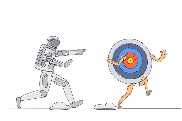 Continuous one line drawing young astronaut chasing dartboard target in moon surface design vector