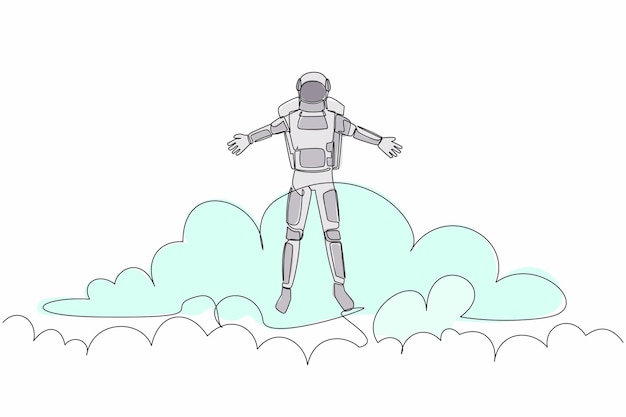 Continuous one line drawing young astronaut on top of cloud with raised hand Successful future