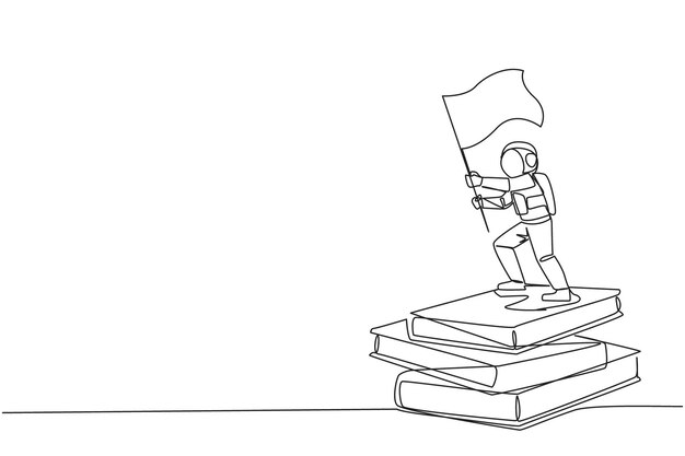 continuous one line drawing young astronaut standing on stack of giant books holding fluttering flag