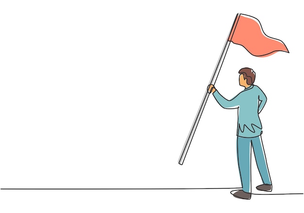 Continuous one line drawing young male worker holding winning flag Success business achieve vector