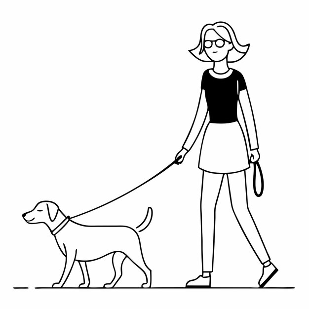 continuous single line drawing of a welldressed smart woman walking with her dog vector art illustration 10