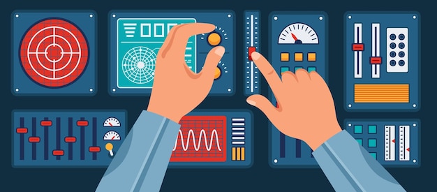 Control panel interface with hands Adjusting settings of spaceship console with gauges sliders and switches Flight monitoring system with complex control mechanisms Cartoon vector illustration