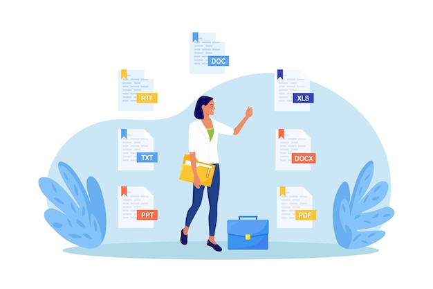 Converting exchanging different file formats Woman sharing or send with document in pdf doc xls or txt format Documents conversion Cloud service and information exchange Download files