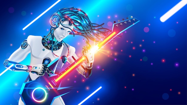 cool cyborg rock guitarist with bass electric guitar plays music on concert robot musician with ai composer music with help artificial intelligence robotic rock performer play heavy metal on stage