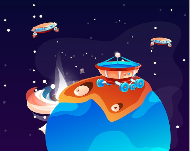 cosmic background with moonwalker in dark space alien planet futuristic landscape with stones stars shine in space extraterrestrial computer game backdrop with moon rover or spaceship explores mars