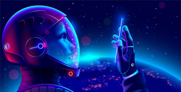 cosmonaut in space suit in outer space with phone in hand looks at screen makes selfie astronaut wearing helmet holds smartphone on orbit of planet earth space tourist in spacesuit 3d rendering