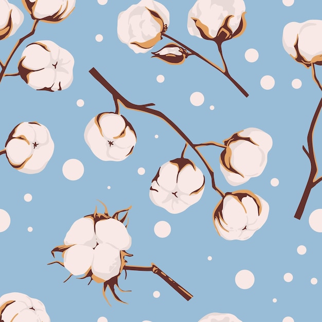 Cotton flower plants fluffy balls Hand drawn Vector seamless pattern Perfect for textile prints
