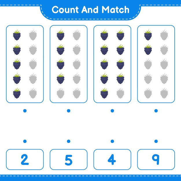 count and match, count the number of blackberries and match with right numbers. educational children game, printable worksheet 