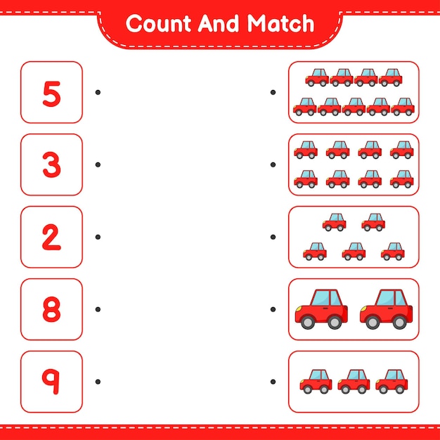 count and match, count the number of car and match with the right numbers. educational children game, printable worksheet, vector illustration