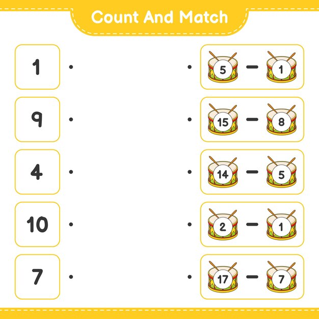 count and match, count the number of drum and match with the right numbers. educational children game, printable worksheet, vector illustration