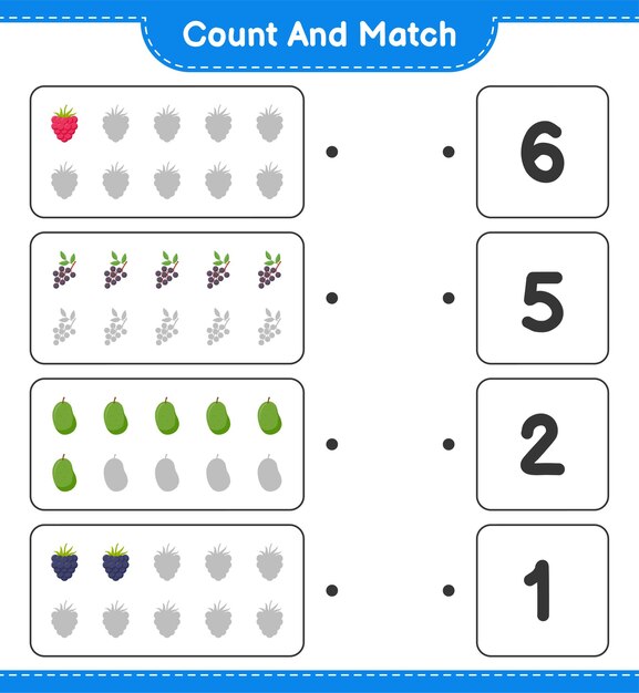 count and match, count the number of fruits and match with right numbers. educational children game, printable worksheet.