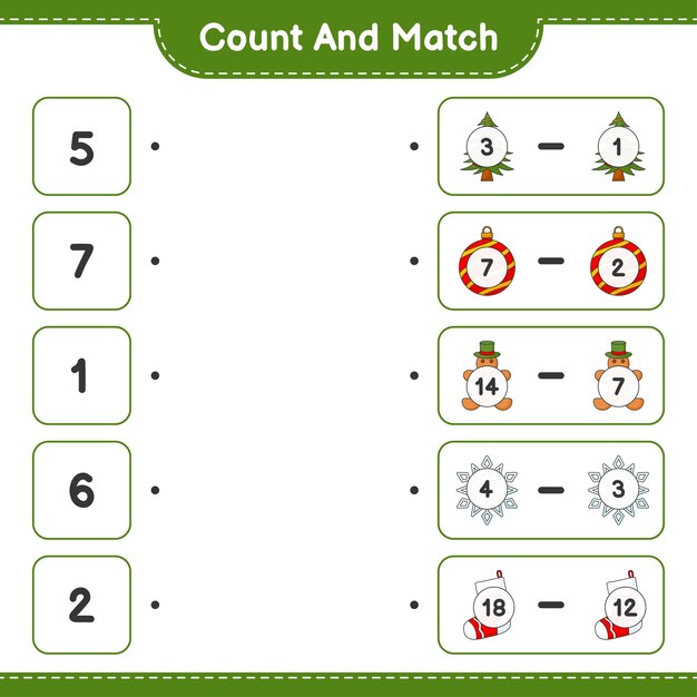 Count and match count the number of Gingerbread Man Tree Sock Christmas Ball Snowflake and match with the right numbers Educational children game printable worksheet vector illustration