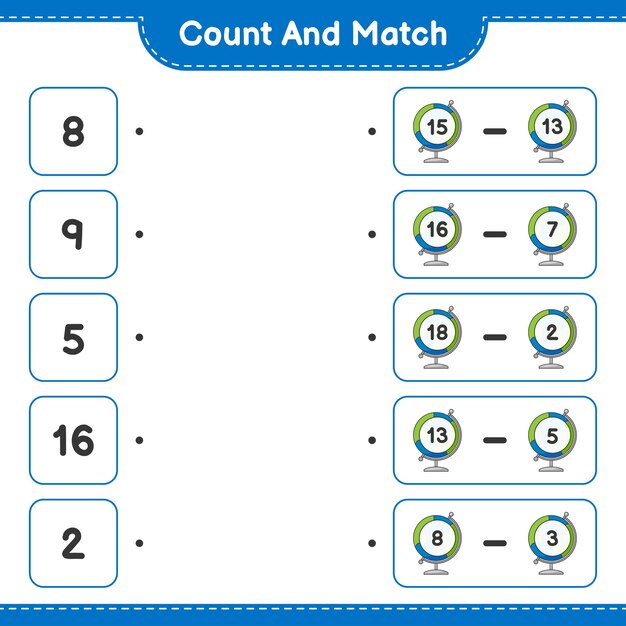 count and match, count the number of globe and match with the right numbers. educational children game, printable worksheet, vector illustration
