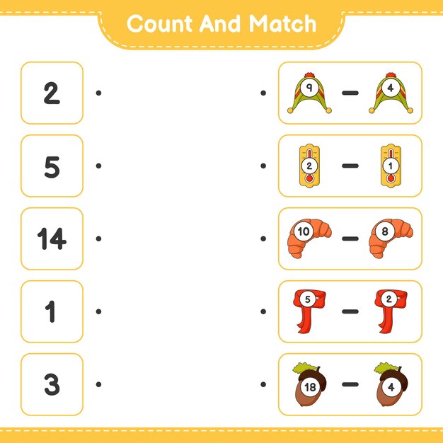 Count and match, count the number of Hat, Thermometer, Croissant, Scarf, Acorn and match with the right numbers. Educational children game, printable worksheet, vector illustration