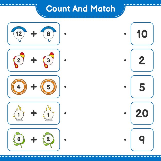 Count and match, count the number of Orange, Coral, Monstera, Umbrella, Flip Flop and match with the right numbers. Educational children game, printable worksheet, vector illustration