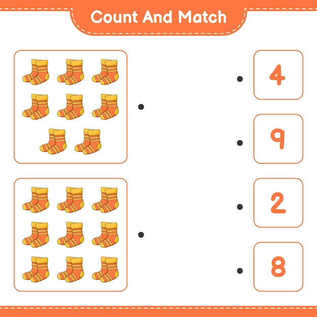 Count and match, count the number of Socks and match with the right numbers. Educational children game, printable worksheet, vector illustration