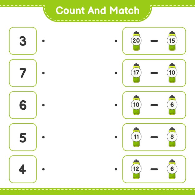 Count and match count the number of Sport Water Bottle and match with the right numbers Educational children game printable worksheet vector illustration