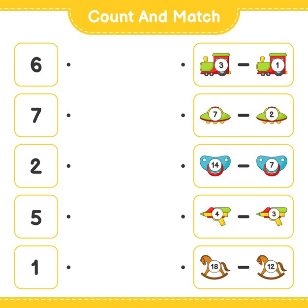 Count and match count the number of Train Ufo Pacifier Water Gun Rocking Horse