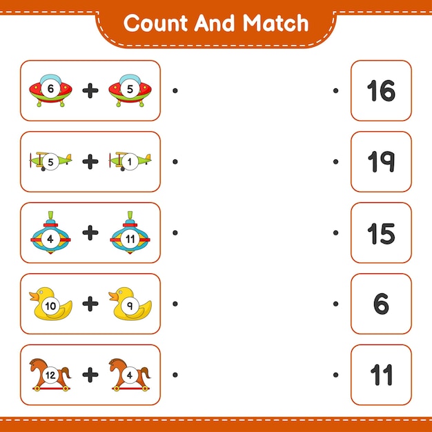 Count and match count the number of Ufo Plane Whirligig Toy Rubber Duck Rocking Horse