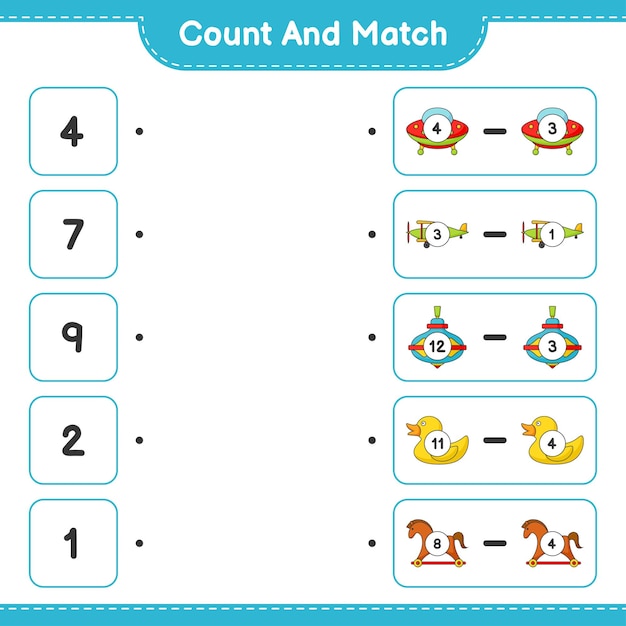 Count and match count the number of Ufo Plane Whirligig Toy Rubber Duck Rocking Horse