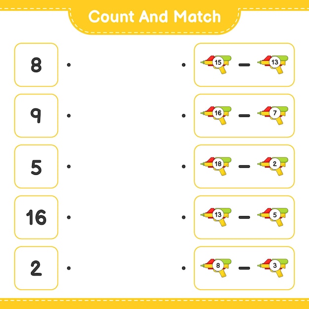 Count and match, count the number of Water Gun and match with the right numbers. Educational children game, printable worksheet, vector illustration