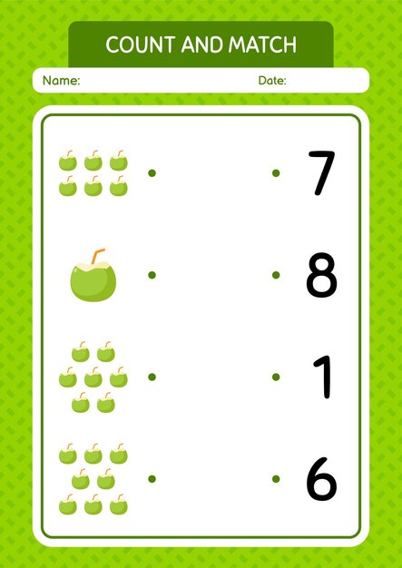 Count and match game with coconut worksheet for preschool kids kids activity sheet