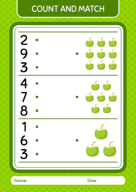 Count and match game with coconut worksheet for preschool kids kids activity sheet