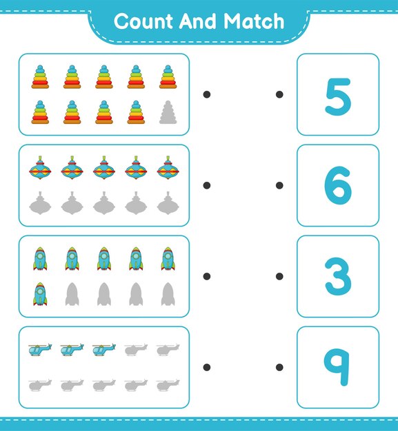 Count the number of Pyramid Toy Whirligig Toy Rocket Helicopter and match with the right numbers