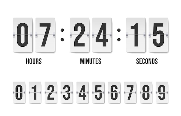 Countdown timer Mechanical analog flip clock with number indicator retro automatic date hour minutes counter timetable display Vector illustration