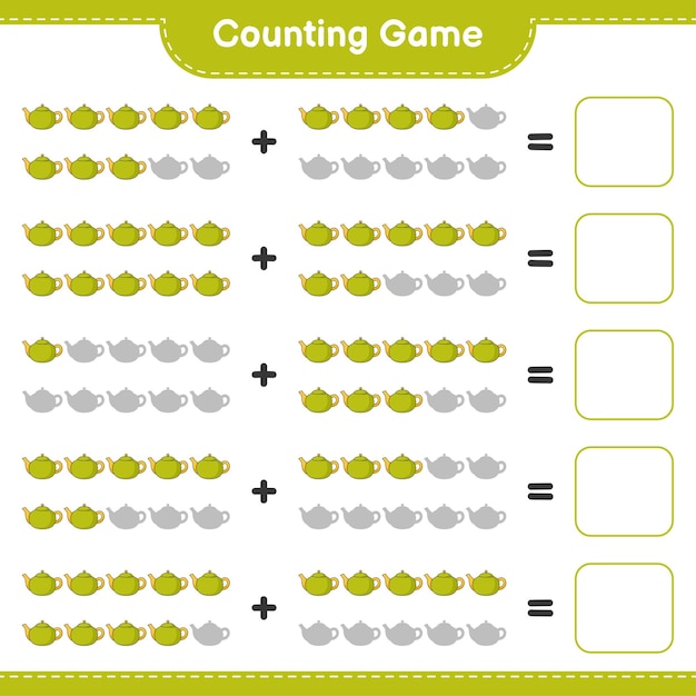 Counting game, count the number of Tea Pot and write the result. Educational children game, printable worksheet 