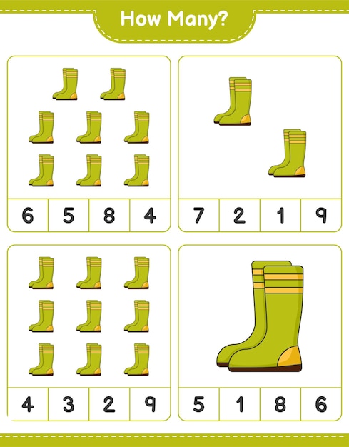 Counting game how many Rubber Boots Educational children game printable worksheet