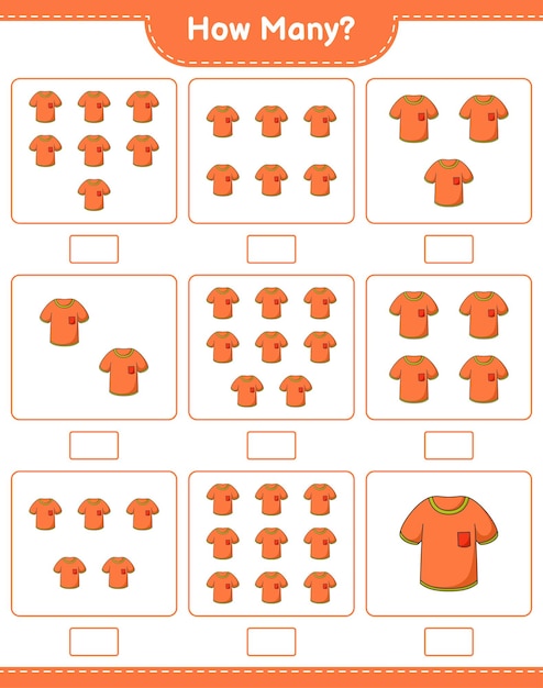 counting game, how many tshirt. educational children game, printable worksheet, vector illustration
