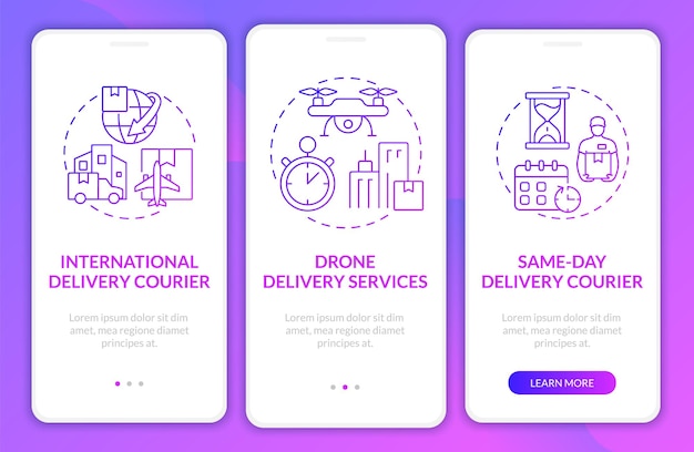 Courier delivery business purple gradient onboarding mobile app screen Freight walkthrough 3 steps graphic instructions pages with concepts UI UX GUI template Myriad ProBold Regular fonts used