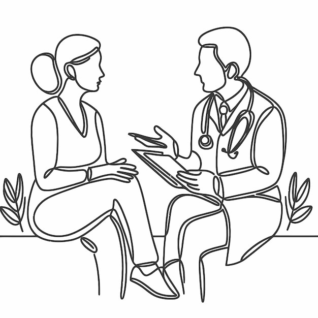 create following image Continuous line drawing of doctor talk and consulting patient Vector illustr