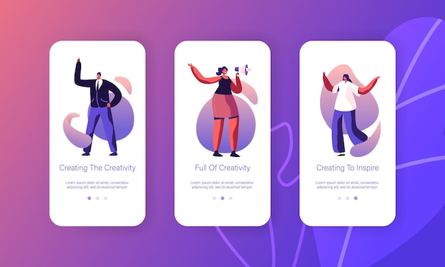Creative Idea Searching Mobile App Page Onboard Screen Set.