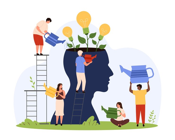 Vektor creative mind personal growth and ideas development tiny people grow light bulb trees