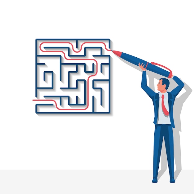 creative problem solving businessman standing about wall drawing exit from labyrinth