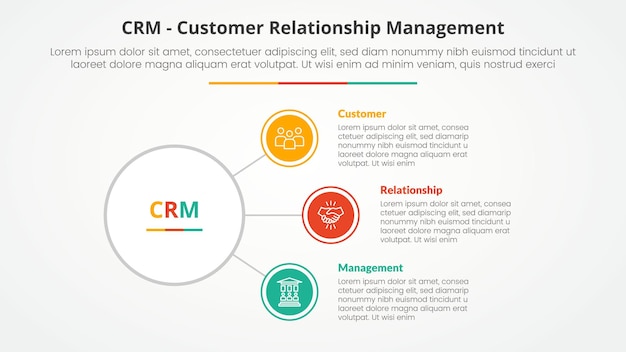 crm customer relationship management infographic concept for slide presentation with circle link connection line network with 3 point list with flat style