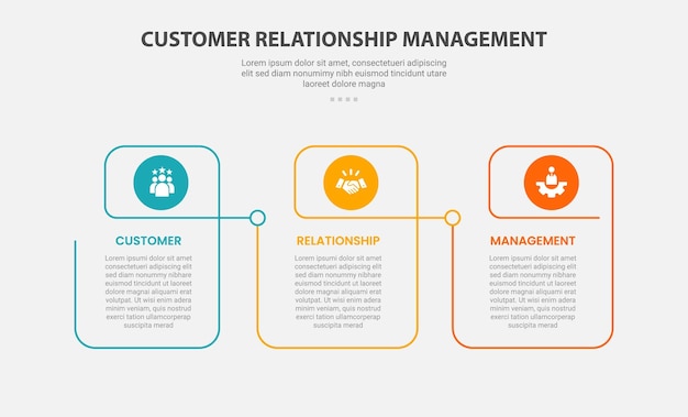 CRM customer relationship management infographic outline style with 3 point template with creative linked table with circle header for slide presentation