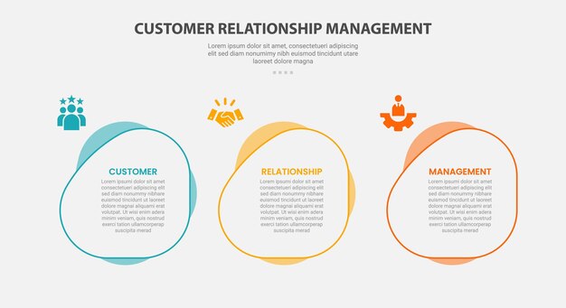 CRM customer relationship management infographic outline style with 3 point template with fluid circle on horizontal direction for slide presentation